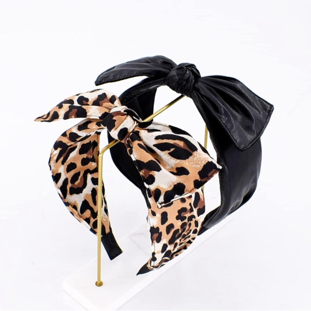 Leopard and Black Leather Bow Headbands - Picture 4 of 6
